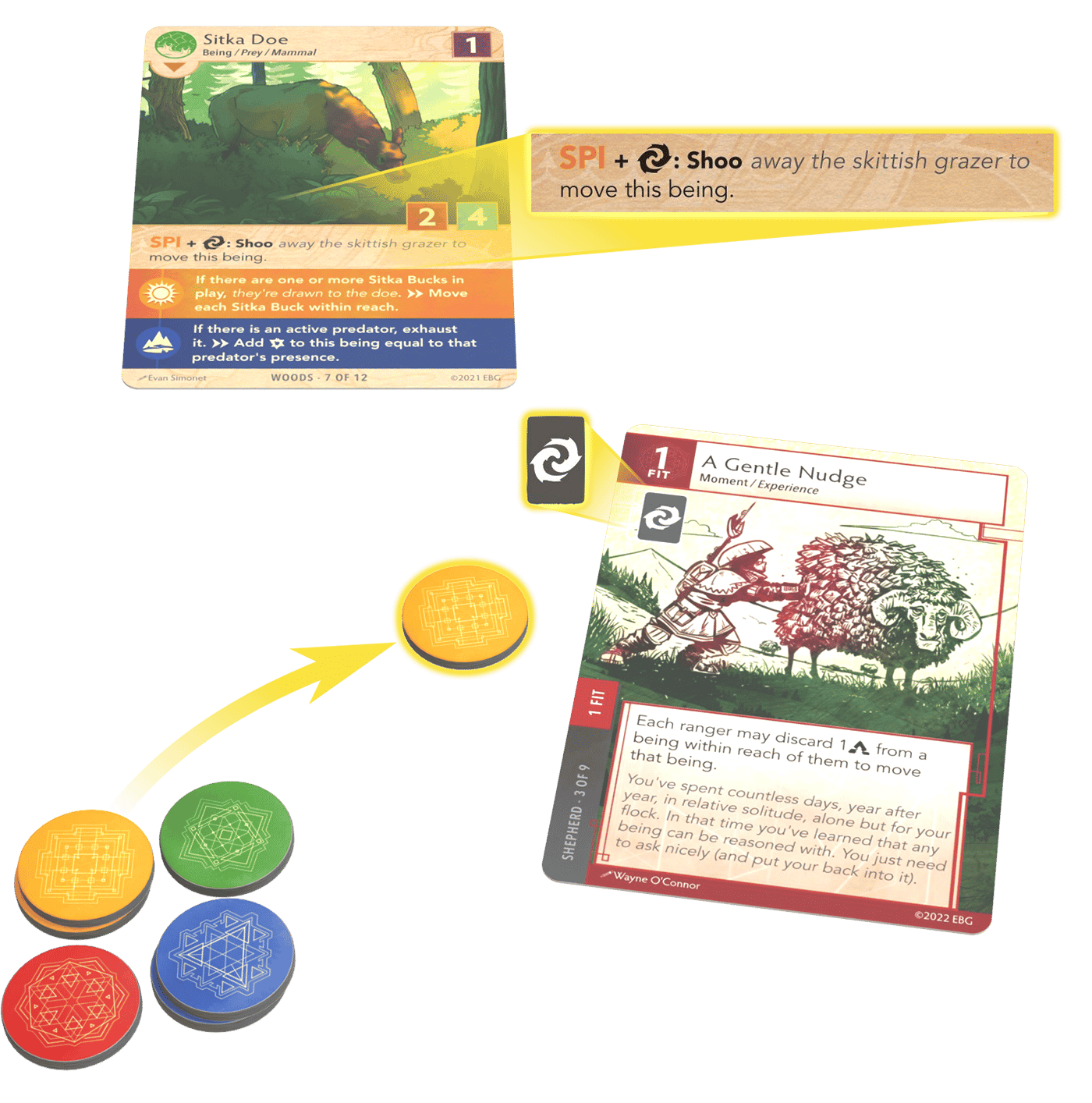Two play cards and game tokens with illustrations indicating gameplay functions.