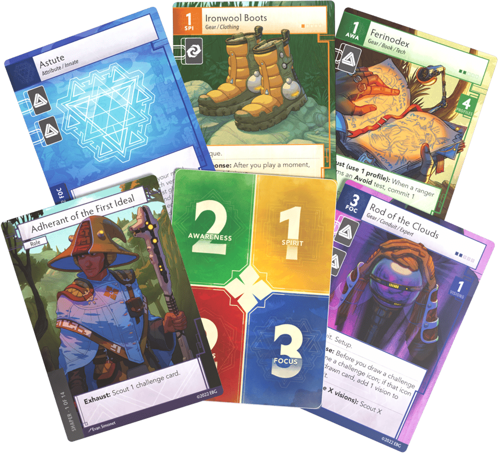 Spread of 6 cards used to create a ranger character.